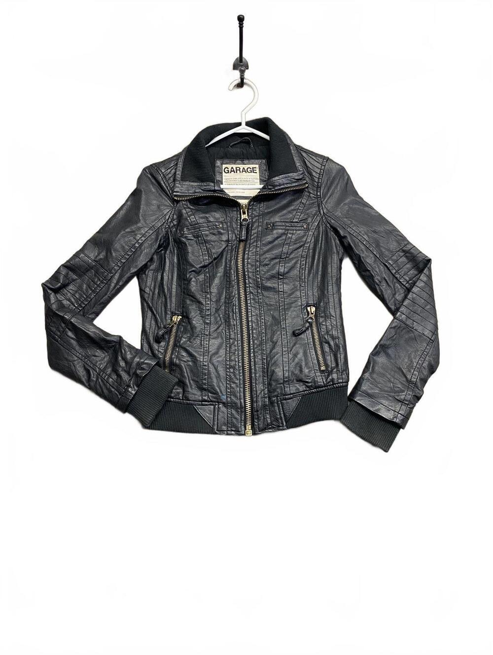 Vintage Y2K Garage Black Faux Leather Perfect Bomber Jacket Size XS